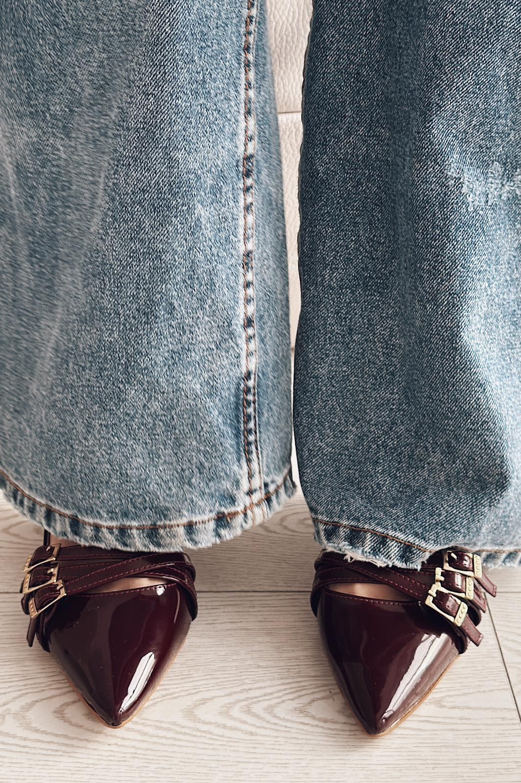 Cherry Molens Patent Leather Buckle Detail Short Heel Stiletto Burgundy