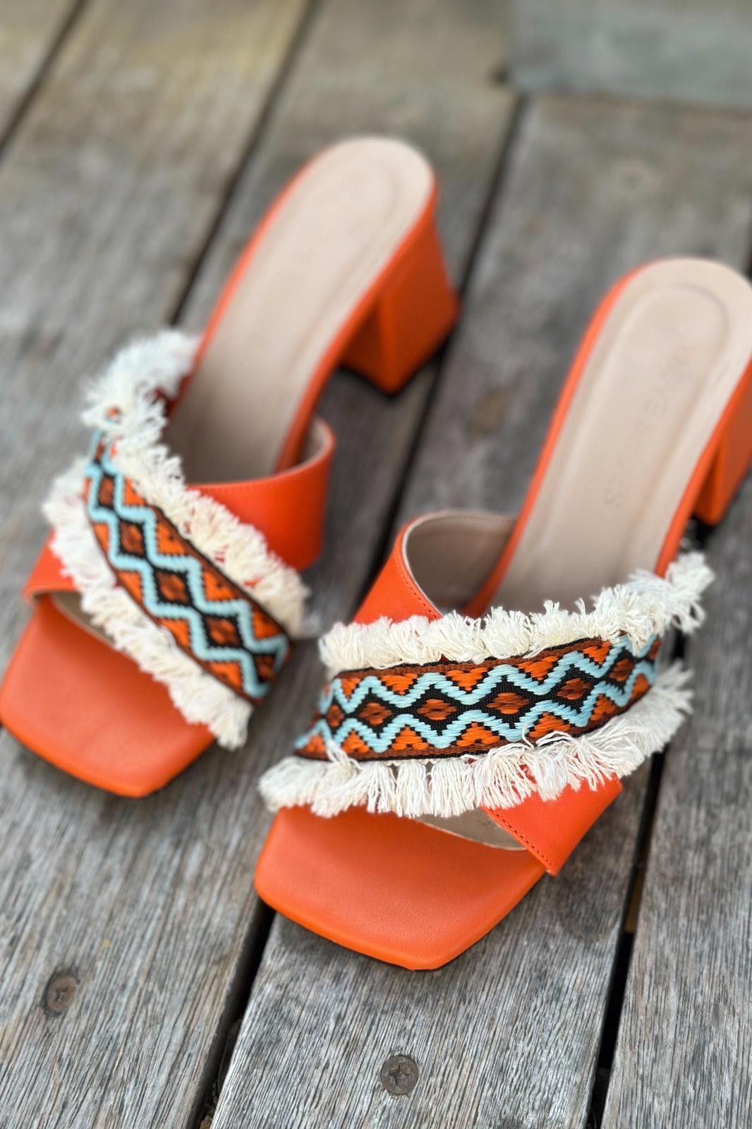 Navins Ethnic Pattern Short Heeled Slippers Orange