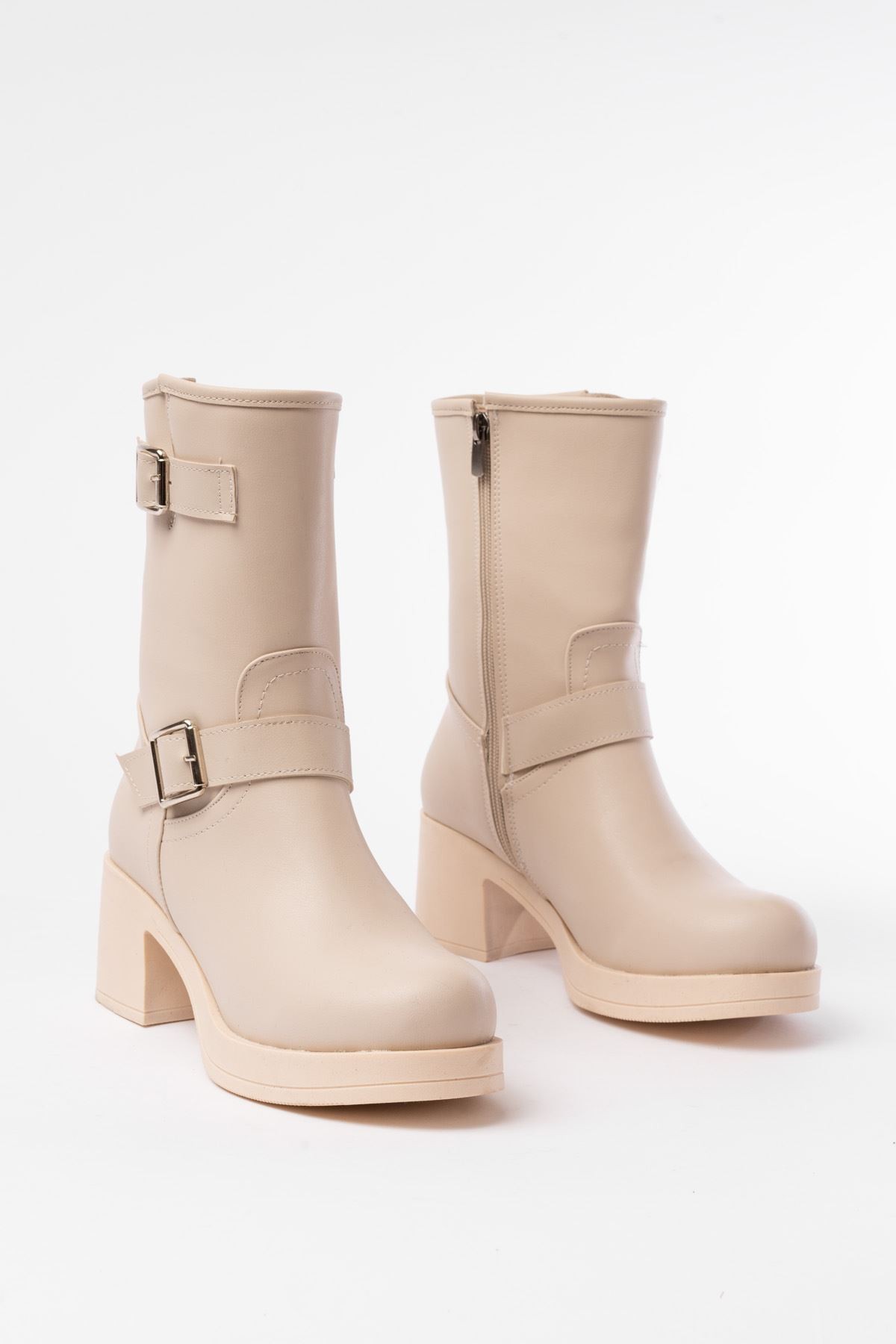 Kalora Beige Zipper Heel Women's Boots