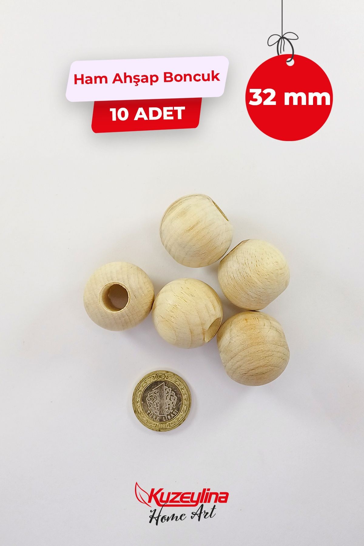 32 mm Ahşap Ham Boncuk -  10 Adet