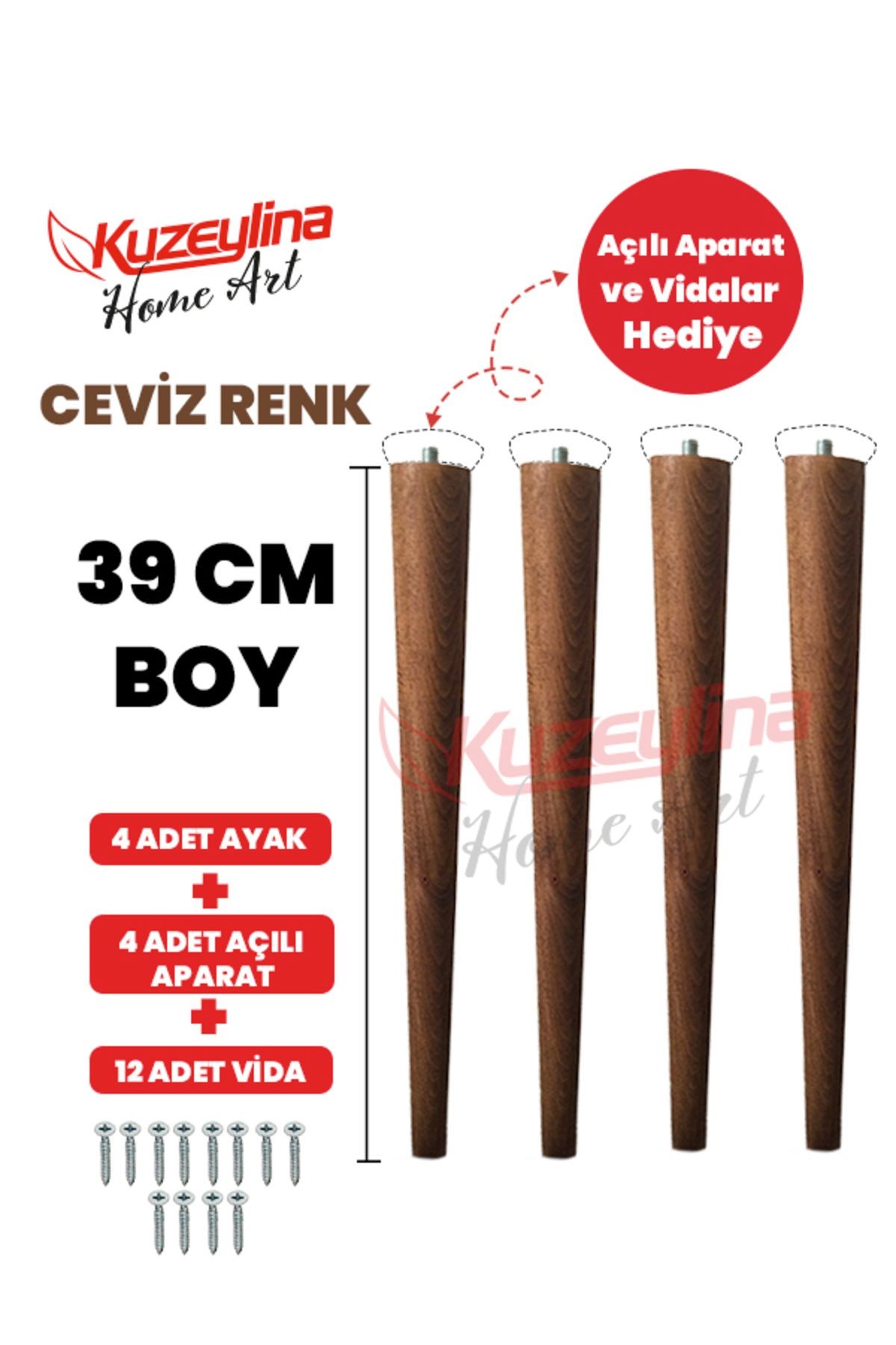 4'lü 39 Cm Ceviz Renk Ahşap Ayak Konik Masa-sandalye-tabure- Sehpa Ayağı