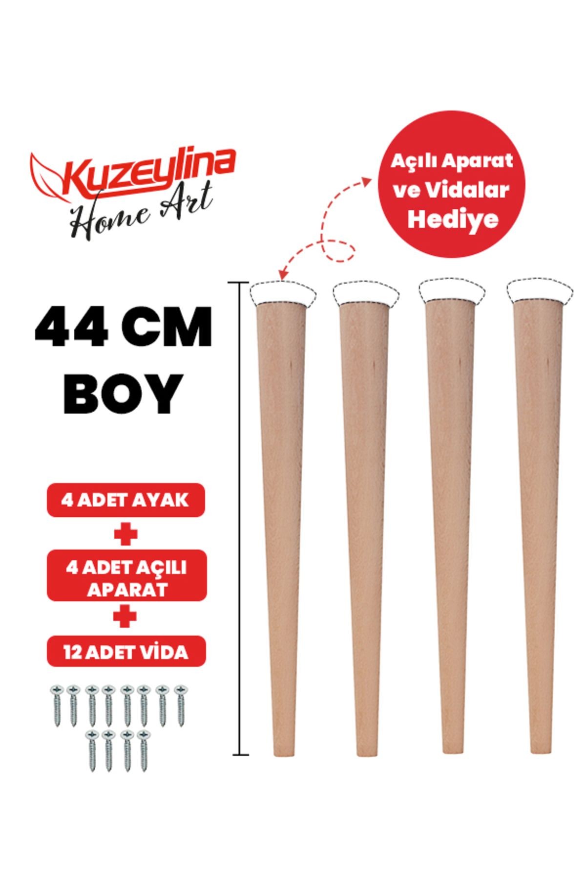 4'lü 44 Cm Doğal Ahşap Ayak Konik Masa-sandalye-tabure- Sehpa Ayağı