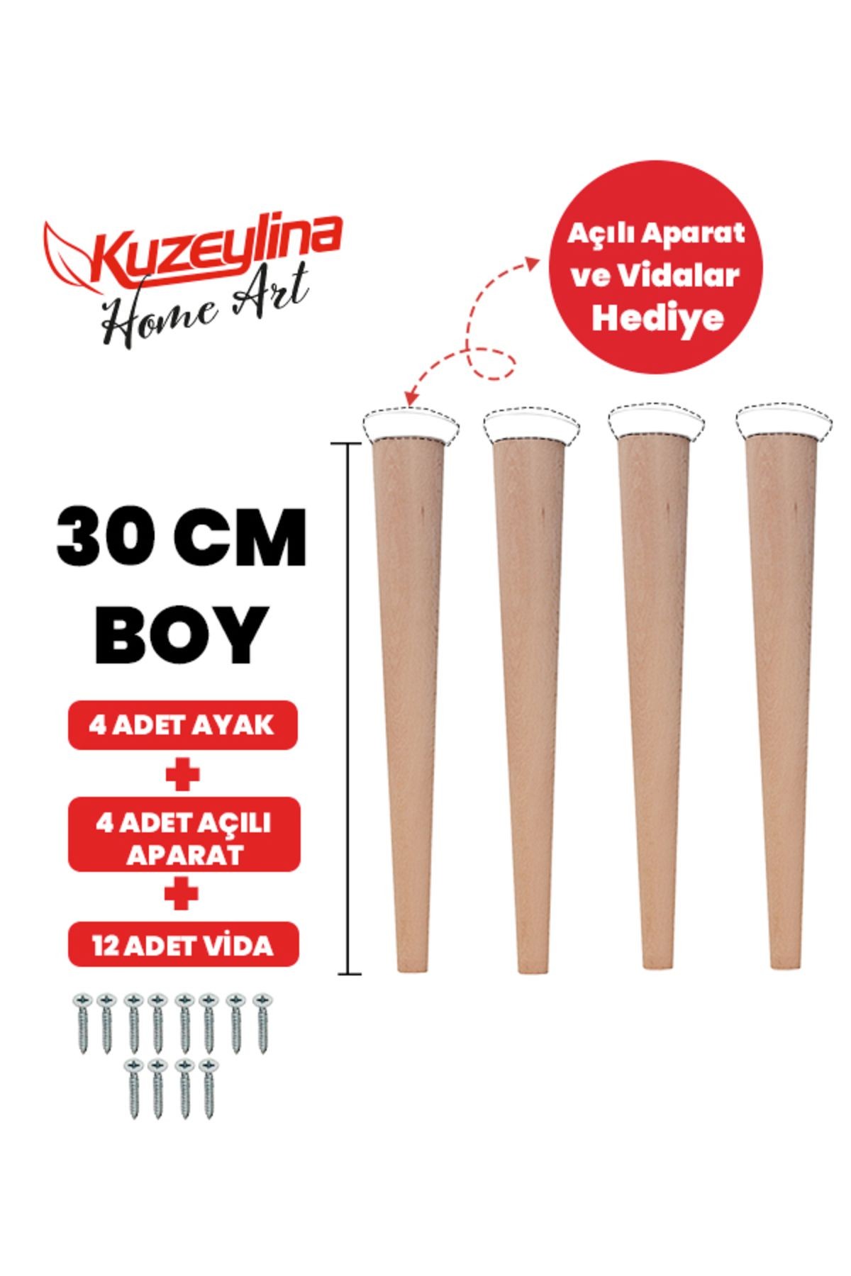 4'lü 30 cm Doğal Ahşap Ayak Konik Masa-Sandalye-Tabure- Sehpa Ayağı