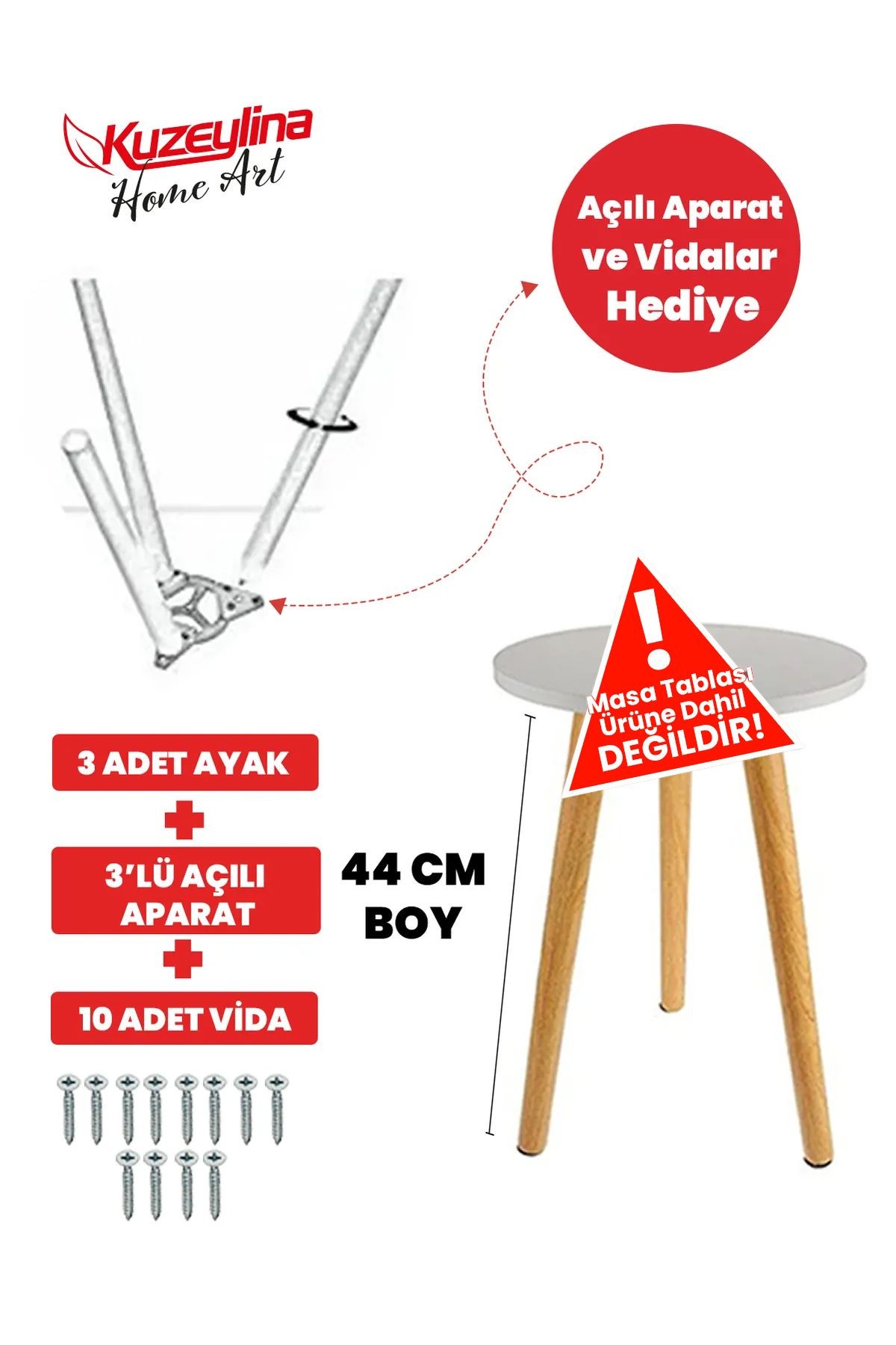 Konik Sehpa Ayağı 44 Cm 3 Adet - 3'lü Plastik Ayak Bağlantı Aparatı ve Vidalar Hediye