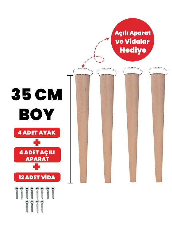 4'lü 35 Cm Doğal Ahşap Ayak Konik Masa-sandalye-tabure- Sehpa Ayağı