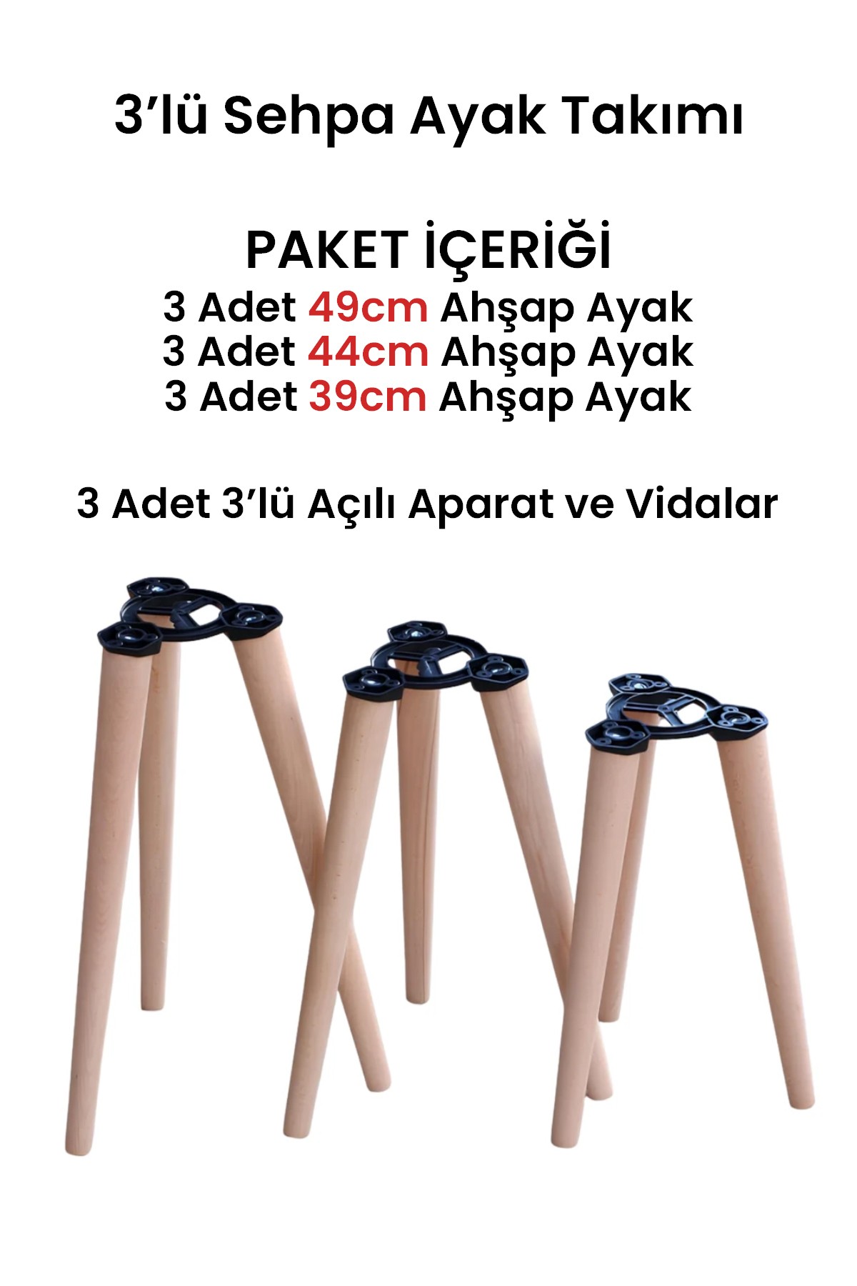 'lü Zigon Sehpa Ayak Takımı – Ahşap Masa & Puf Ayağı – Açılı Orta Sehpa Aparatlı (49cm – 44cm – 39cm)