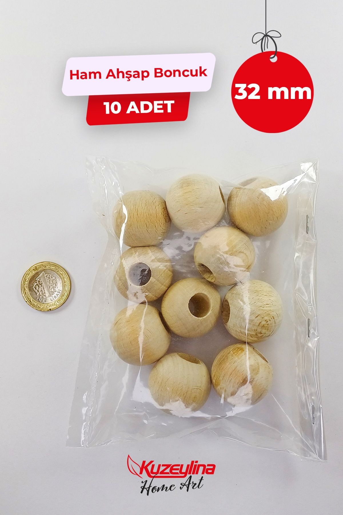 32 mm Ahşap Ham Boncuk -  10 Adet