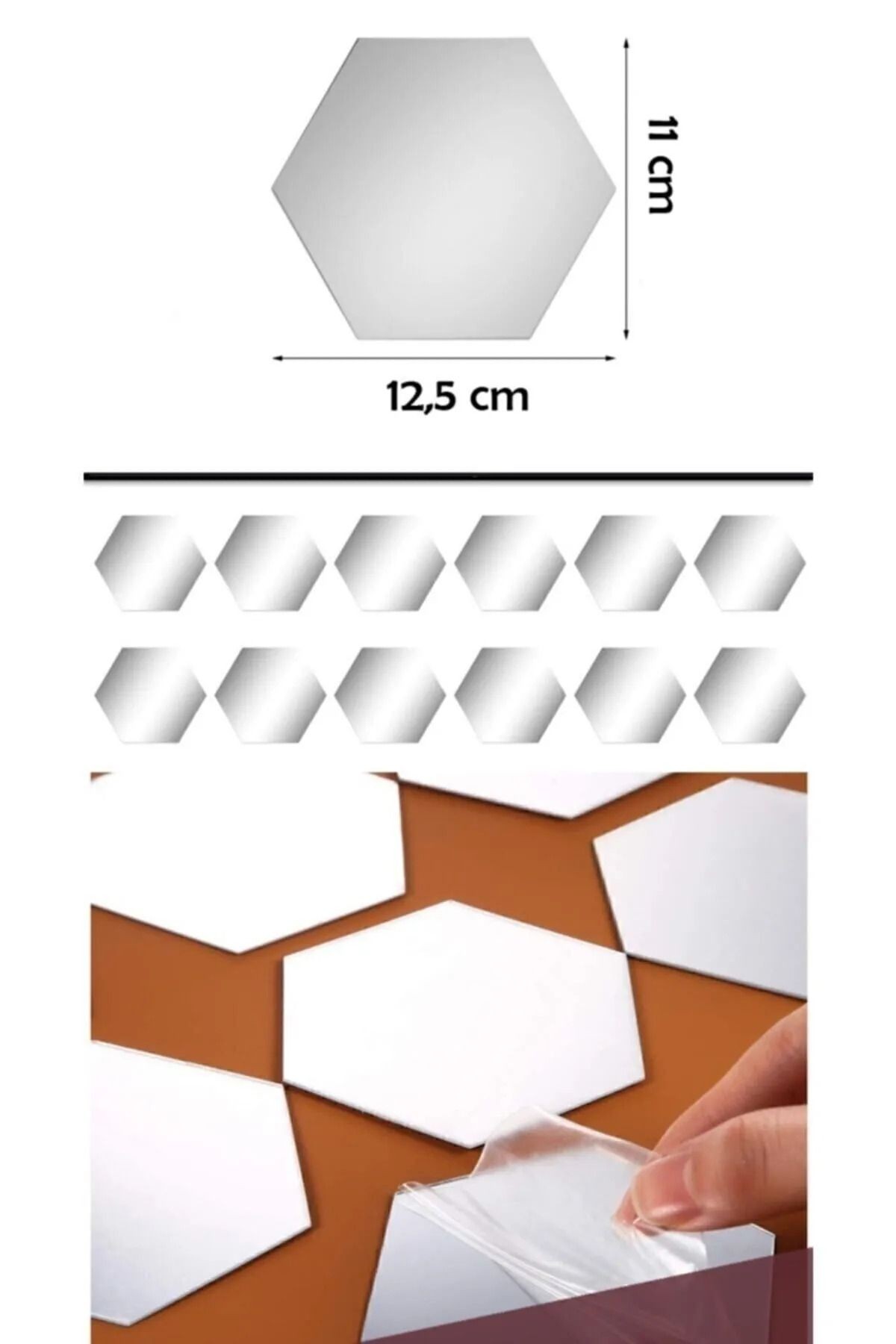 Dekoratif Bal Peteği Pleksi Ayna Gümüş Renk - 12 ADET /  11 CM X 12,5 CM