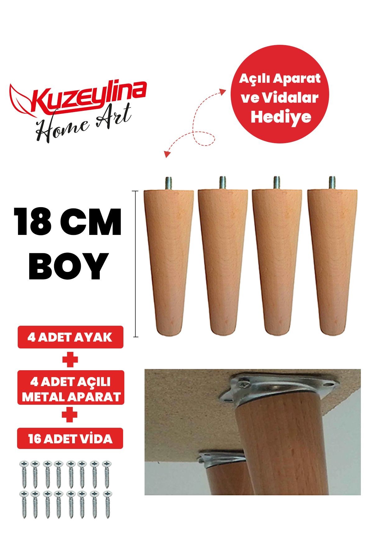 Ahşap Konik Ayak - Mobilya, Koltuk, Tv Ünitesi Uyumlu - 18 Cm Ham- 4 Adet