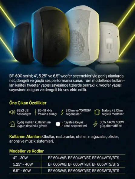 BF 605WTS 5.25 inç 40W 100V Hat Trafolu Hoparlör Arka Yüzey Bağlantı Şeması