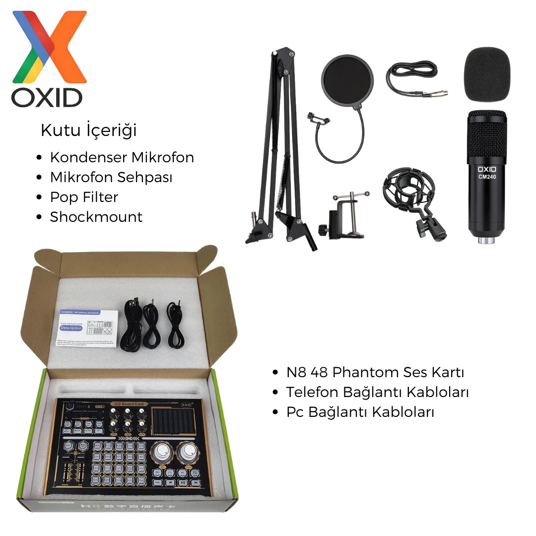 Oxid N8 ve 48V Phantom Podcast Youtuber Ses Kartı Seti detay