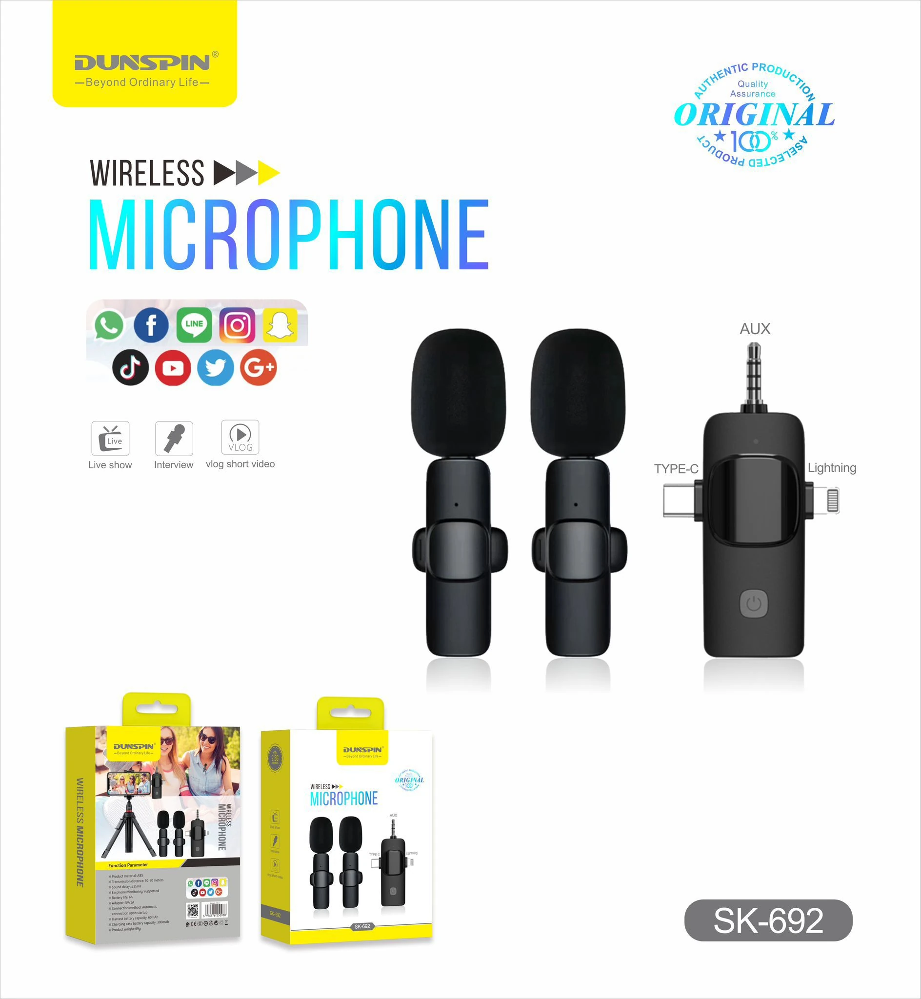 Dunspin SK-692 Kablosuz Yaka Mikrofon Android iPhone Cep Telefonu Podcast