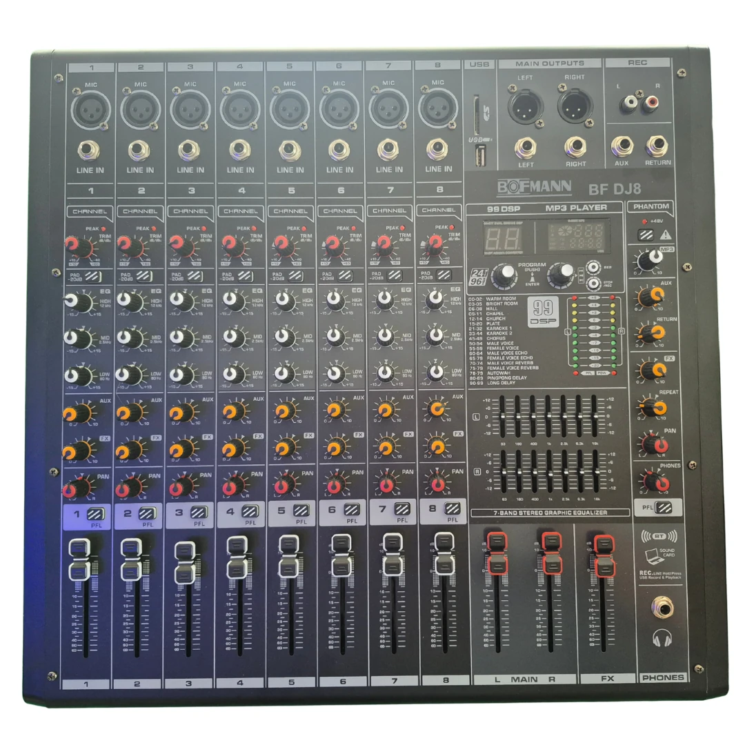 Bofmann BF-DJ8 8 Kanallı 2x350 Watt 99 DSP Efektli Bluetooth Ve USB Özellikli Amfili Mikser