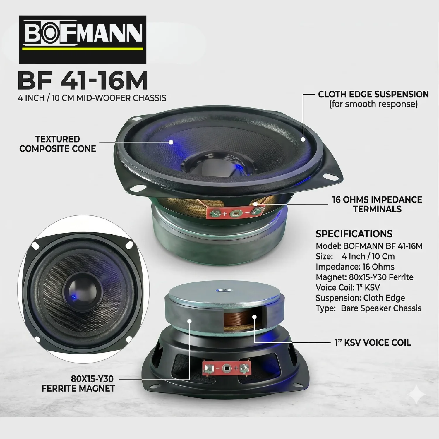 Bofmann BF 41-16M 4 İnç 16 Ohm Kumaş Kenarlı Çıplak Hoparlör Detay