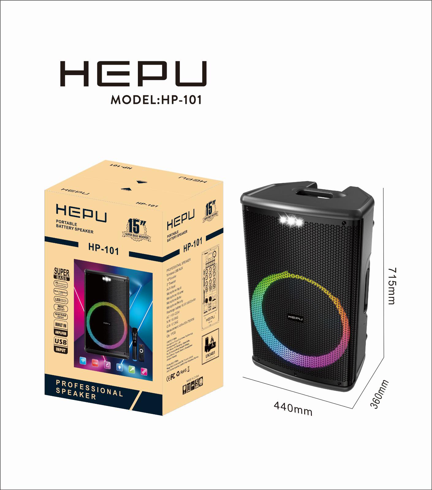 HEPU HP-101 Profesyonel Bluetooth Hoparlör – 15” Woofer, RGB Işıklar, Kablosuz Mikrofonlu, Taşınabilir Tasarım