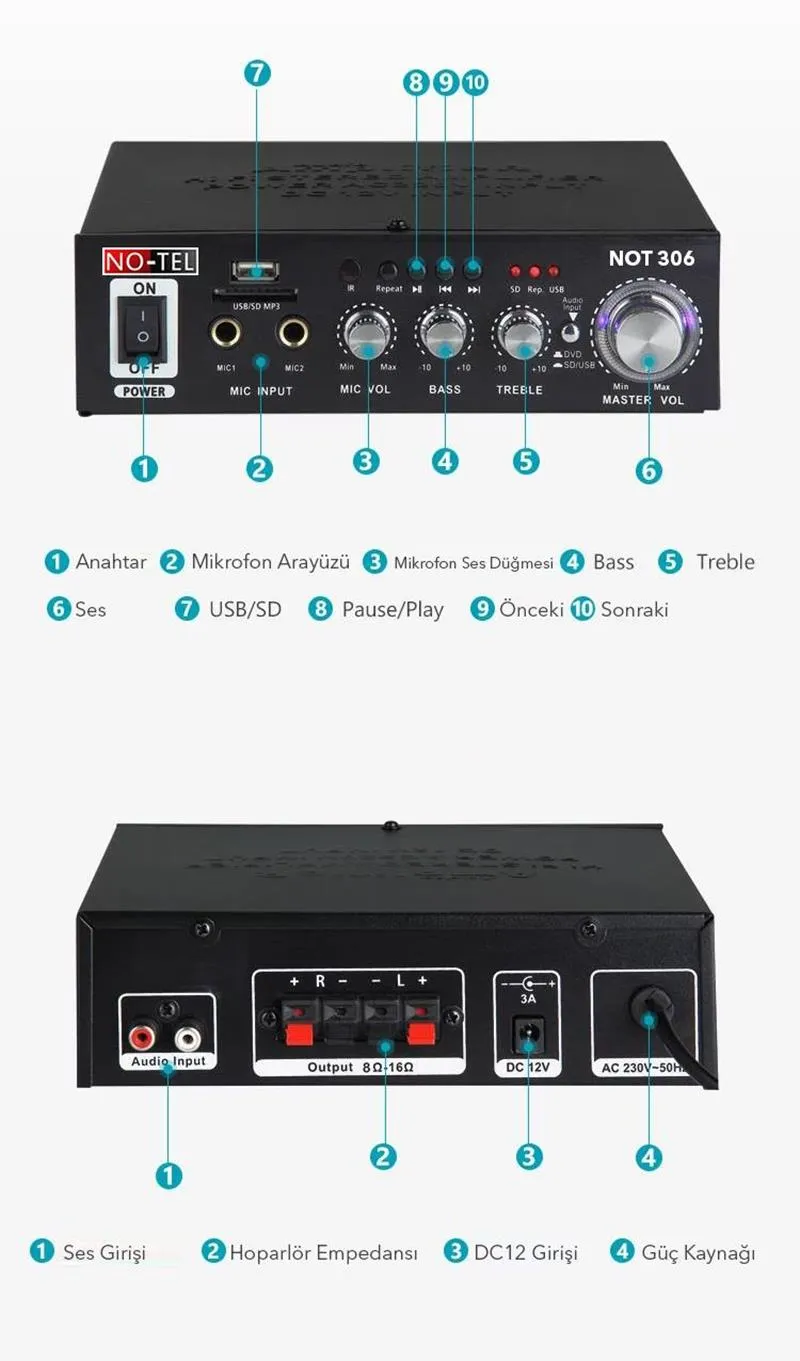Notel NOT 306 Bluetooth Özellikli Stereo Mini Amplifikatör Detay