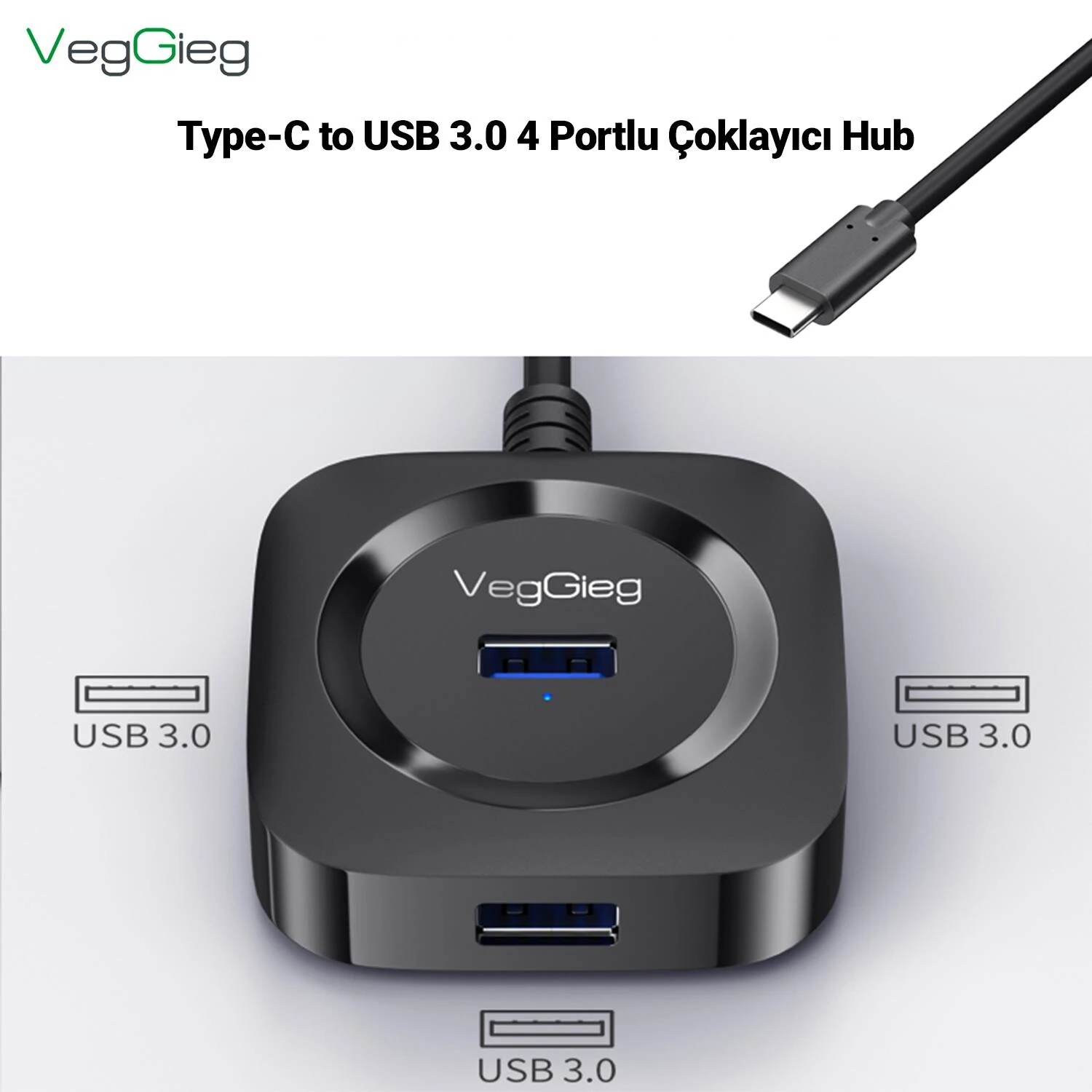 VegGieg 4 Portlu Type-C to USB 3.0 Çoklayıcı Hub Siyah, Type-C üzerinden bilgisayarınıza 4 adet USB 3.0 bağlantı noktası ekler. Bu sayede klavye, mouse, USB bellek ve HDD gibi USB cihazlarını aynı anda kullanmanıza olanak tanır. Micro USB (5V2A) dest detay