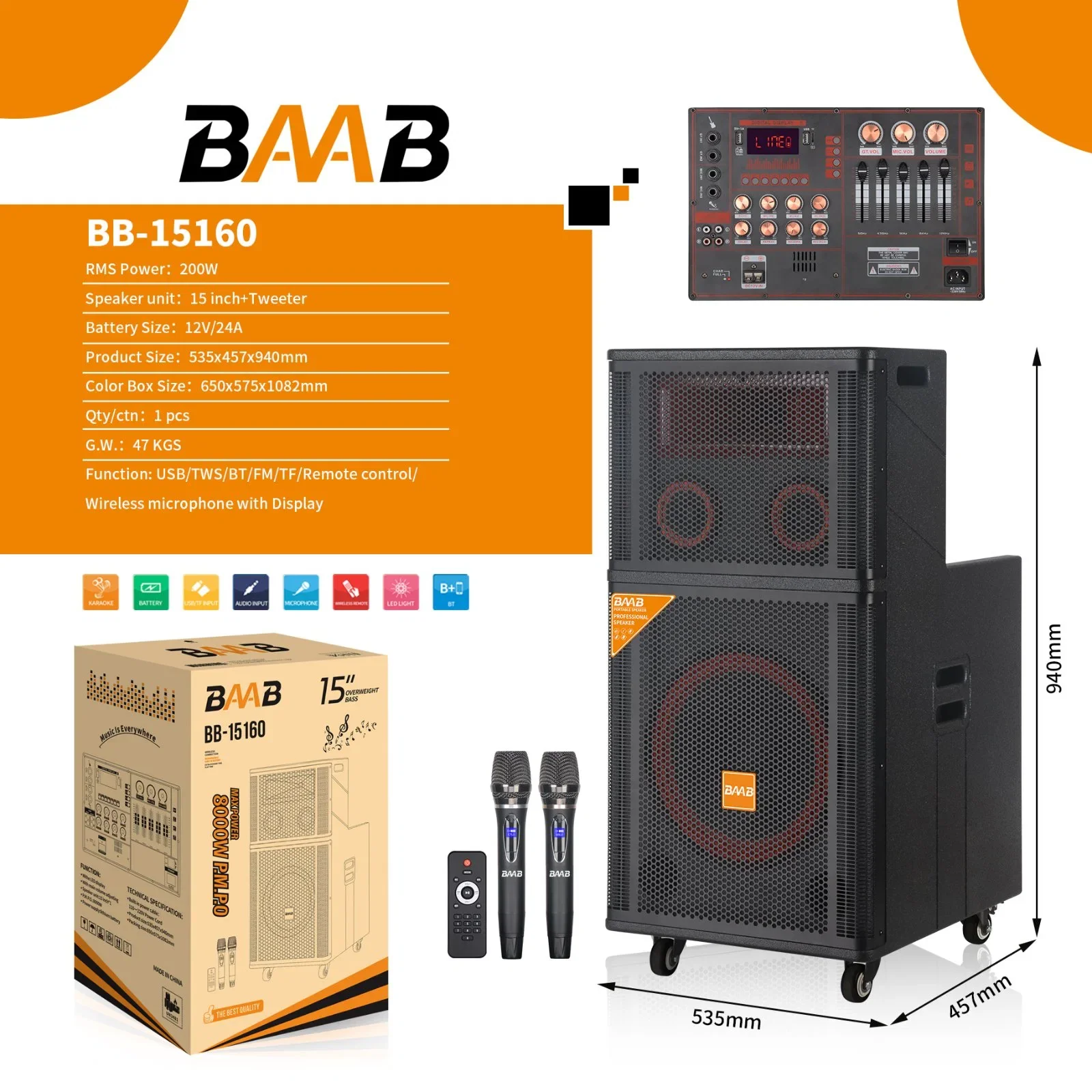 BAAB Bb15160 15 Inch Active Pair Big Outdoor Bt Speaker For Good Sound Karaoke Home Theatre System