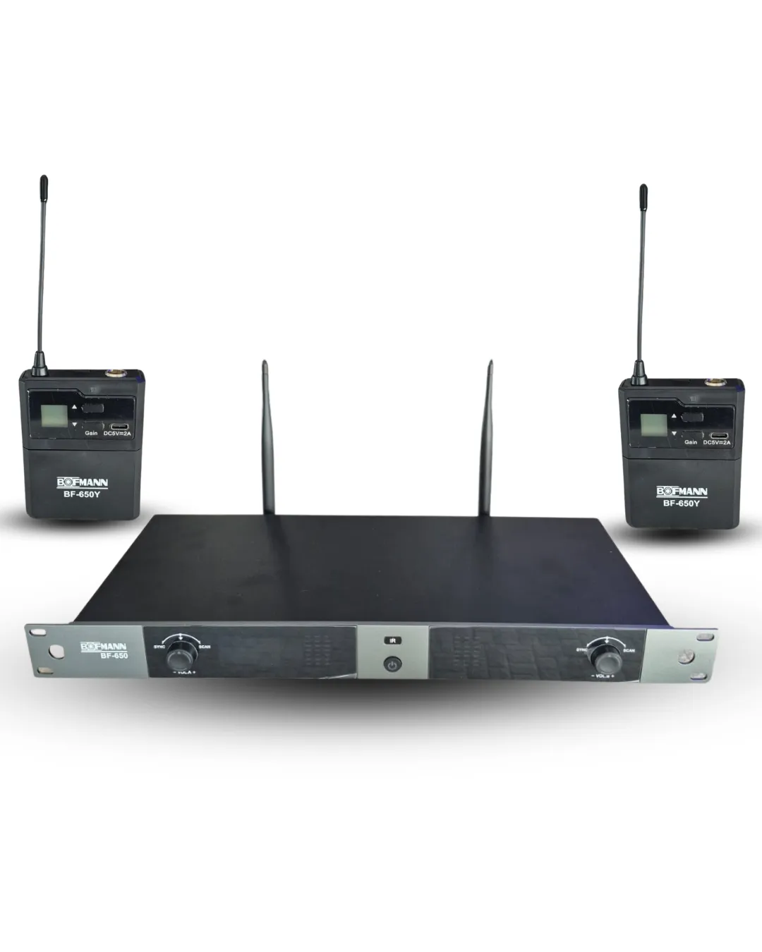 Bofmann BF-650YY UHF 2x100 Kanal Çift Yaka Kablosuz Mikrofon Seti Baş Tipi Mikrofon Dahil