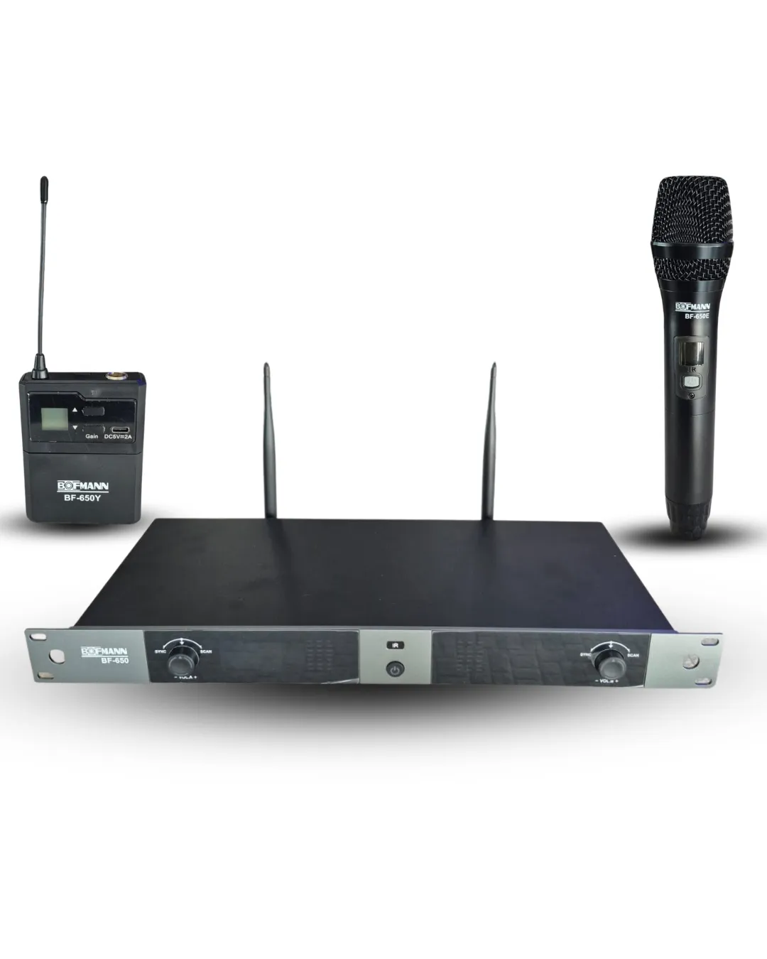 Bofmann BF-650EY UHF 2x100 Kanal El Ve Yaka Kablosuz Mikrofon Seti Baş Tipi Mikrofon Dahil