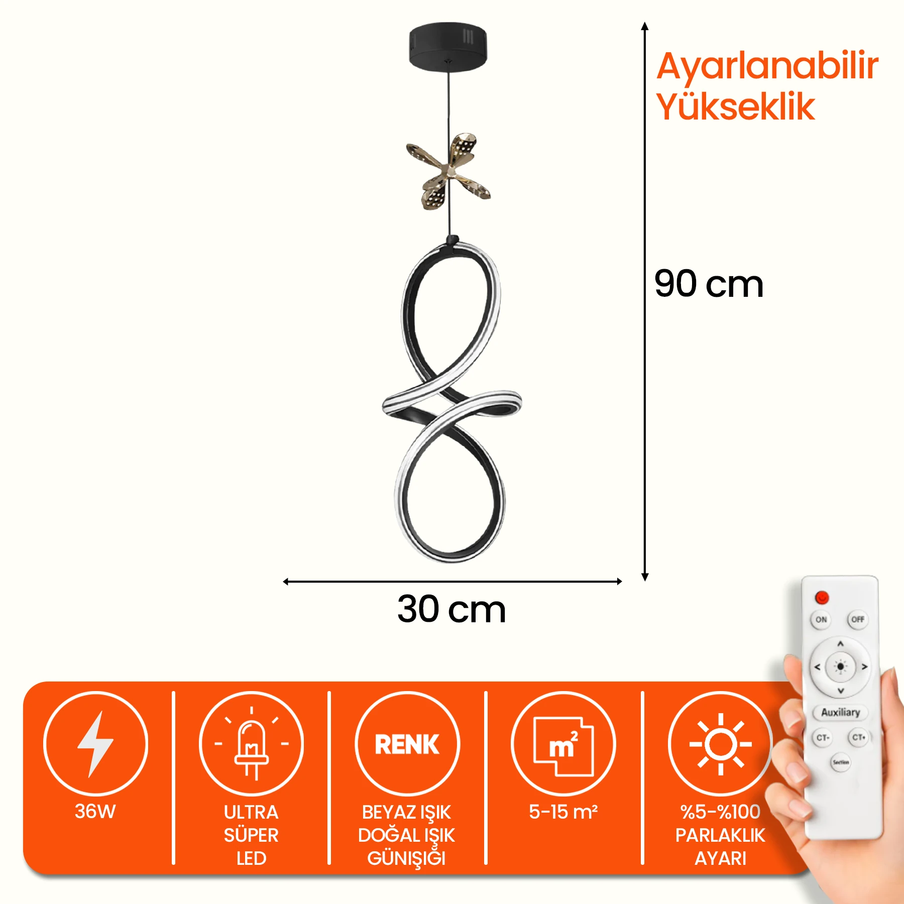 Bademo Kumandalı - Dimmerli Sarkıt Led Avize - 3 Renk Ledli