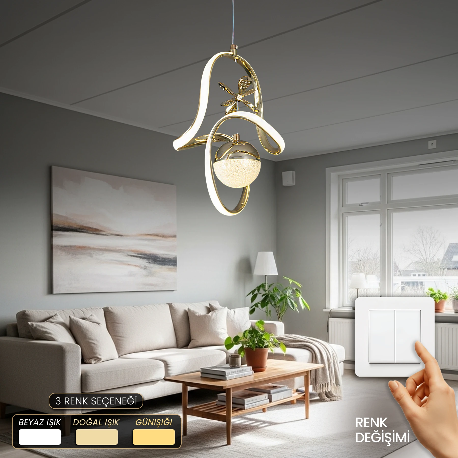 Cundaya Modern Özel Tasarım Sarkıt Led Avize - 3 Renk Ledli