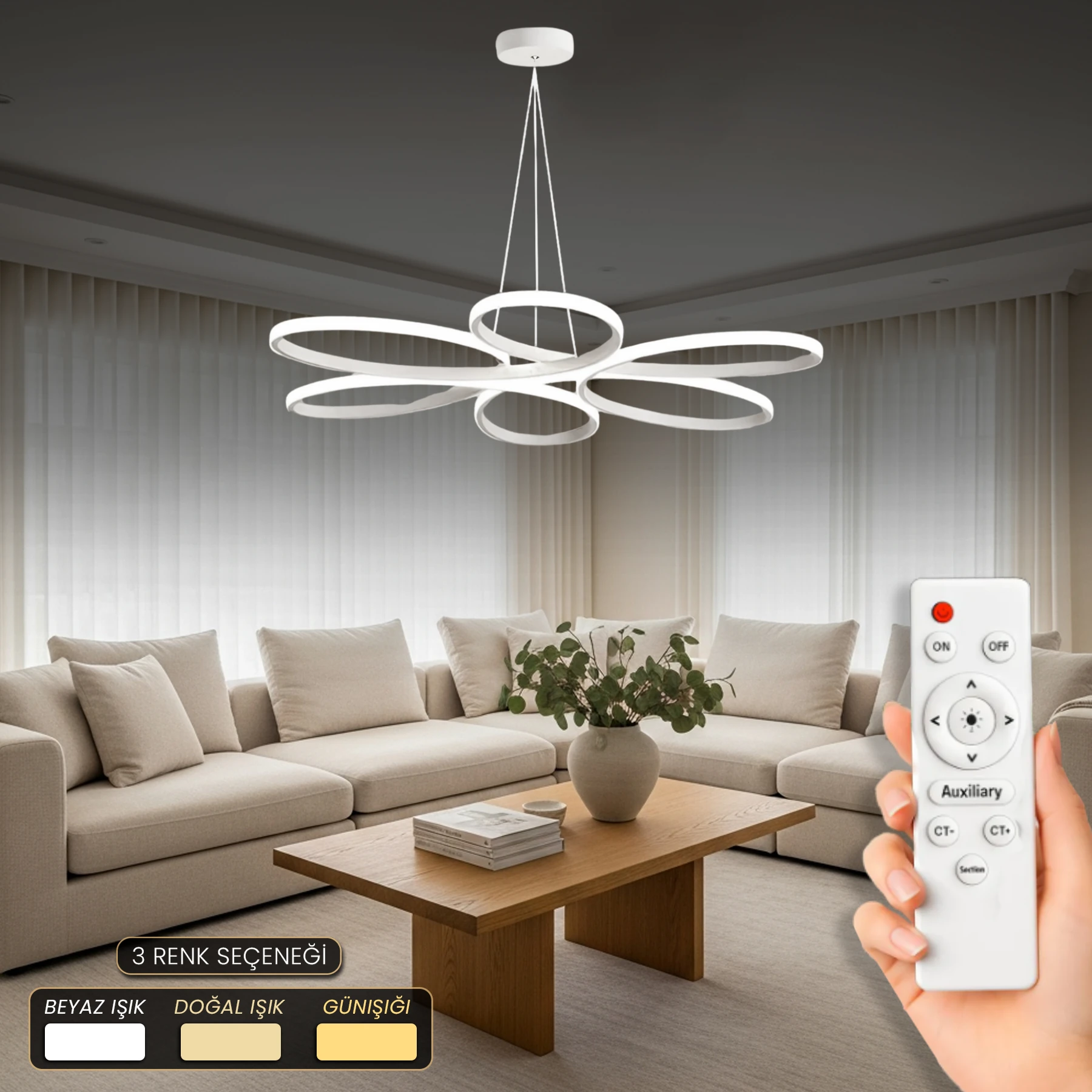 Nivul Modern Kumandalı - Dimmerli Sarkıt Led Avize - 3 Renk Ledli