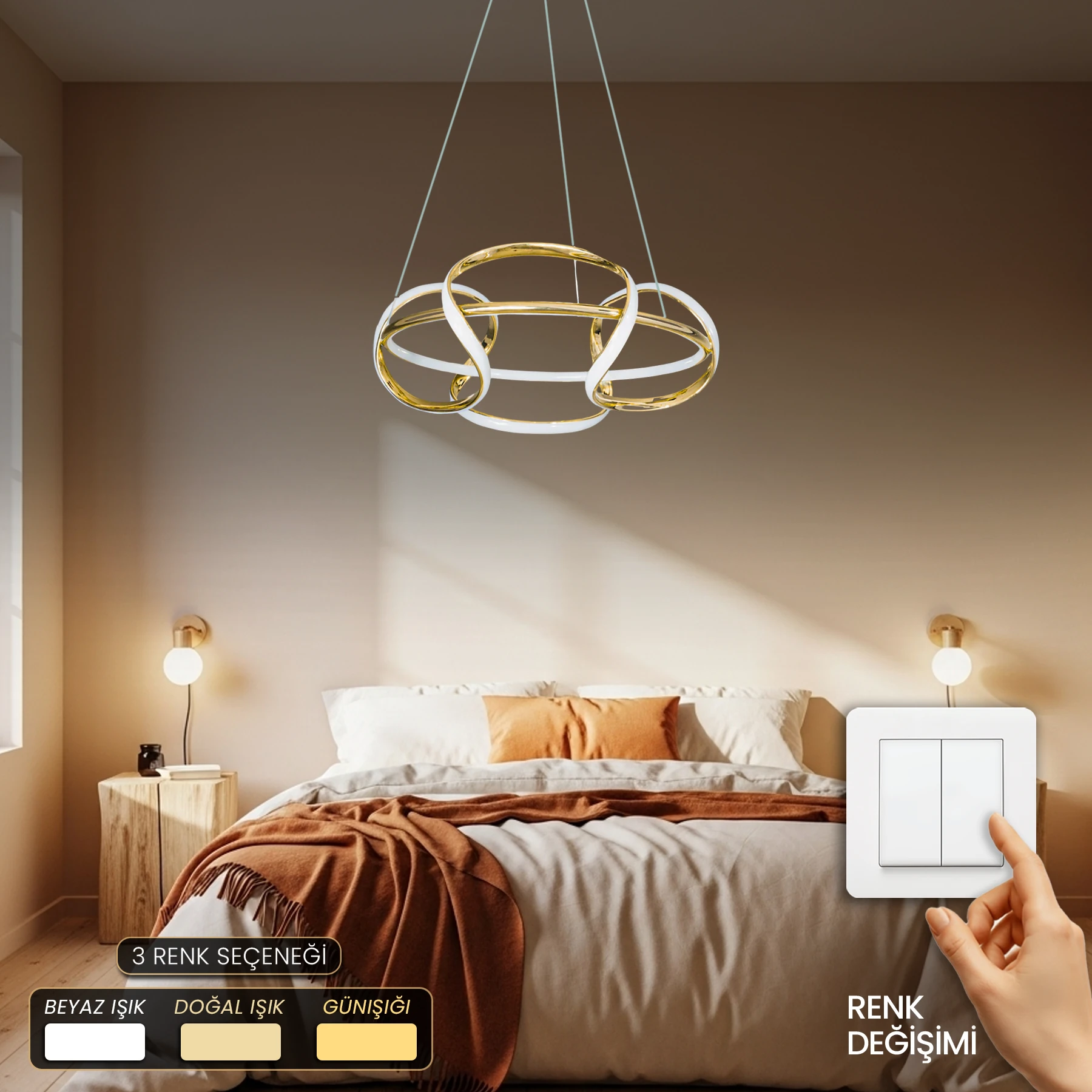 Lunera Modern Özel Tasarım Sarkıt Led Avize - 3 Renk Ledli