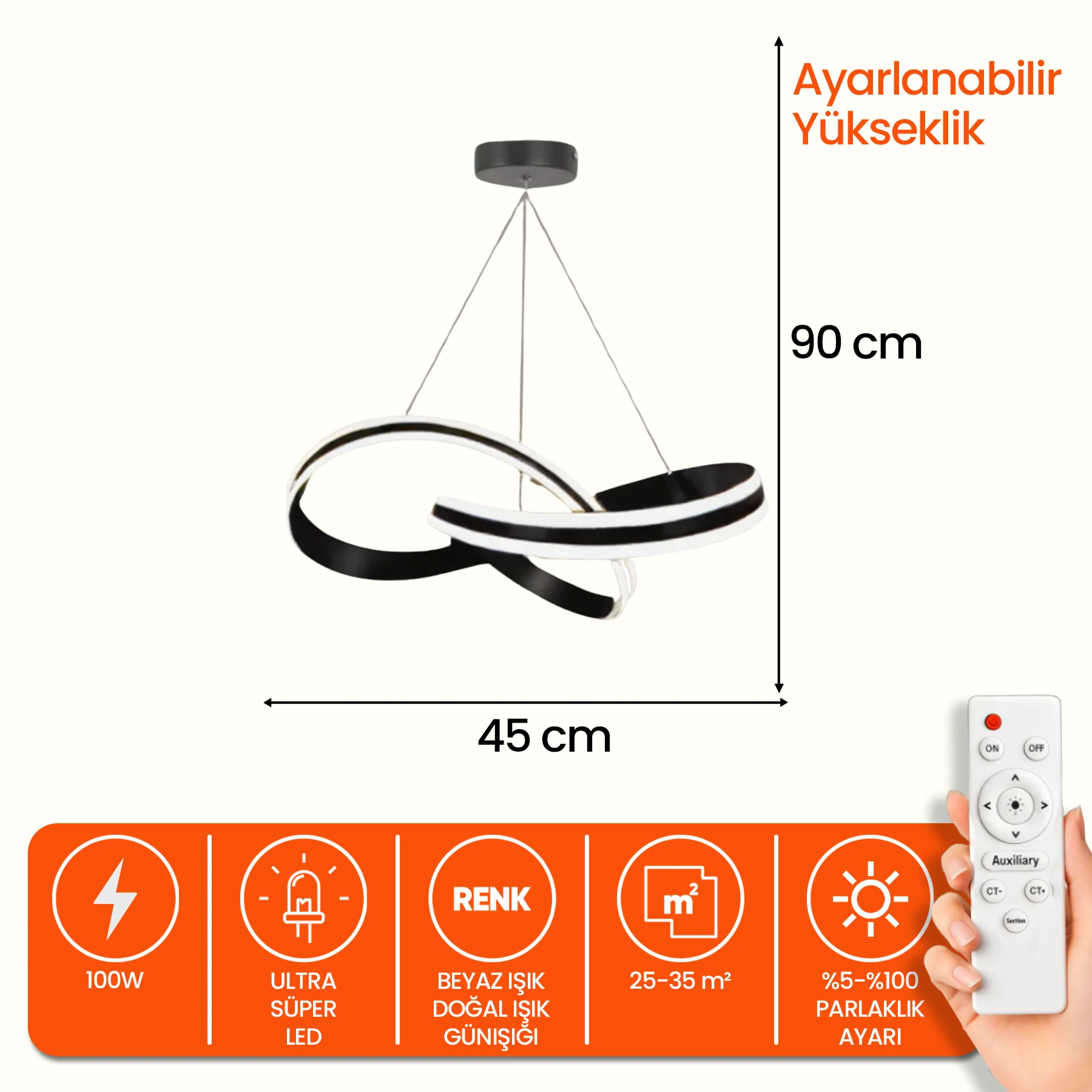 Asteris Siyah Kumandalı Modern Özel Tasarım - 3 Renk Ledli