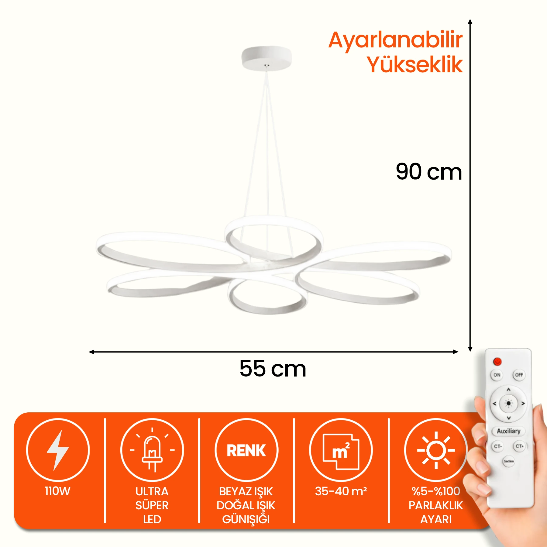 Nivul Modern Kumandalı - Dimmerli Sarkıt Led Avize - 3 Renk Ledli