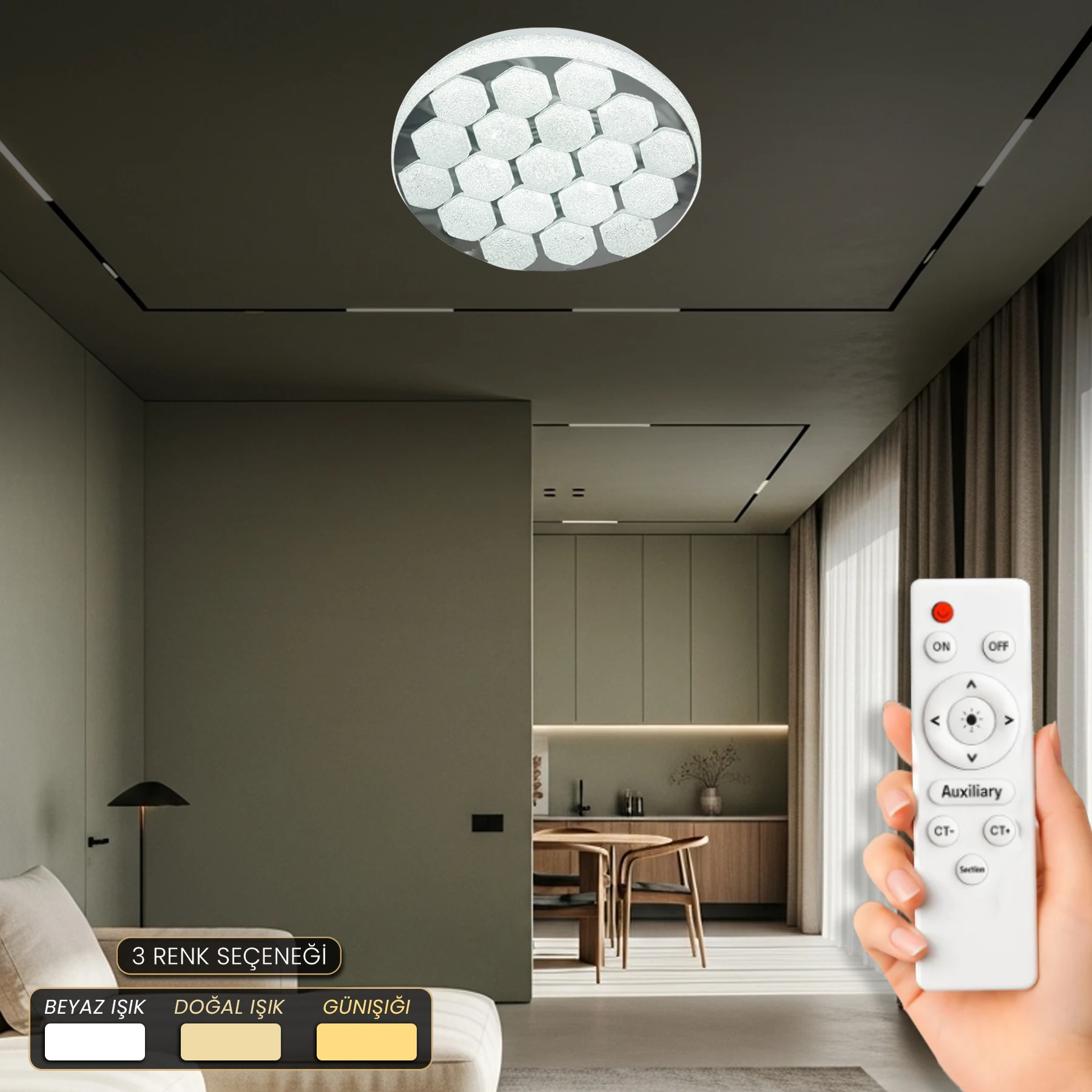 Alabadi Uzaktan Kumandalı Led Avize - 3 Renk Ledli