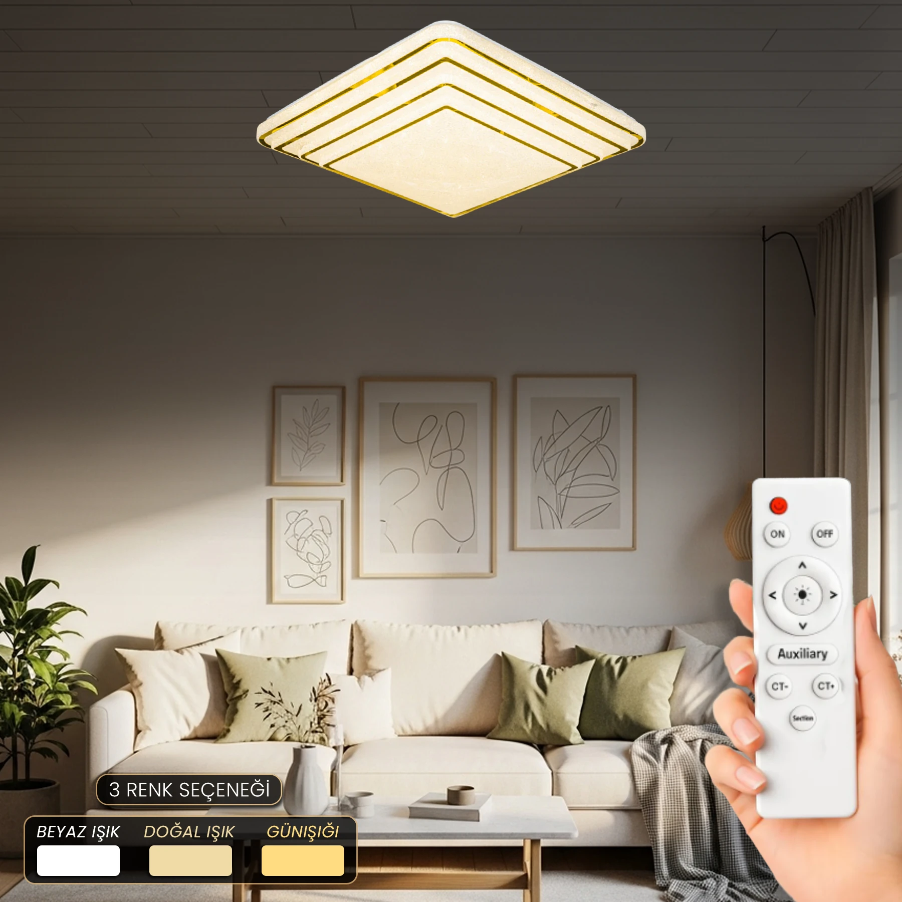 İnci Lüks Tasarım Kumandalı Plafonyer Led Avize - 3 Renk Ledli