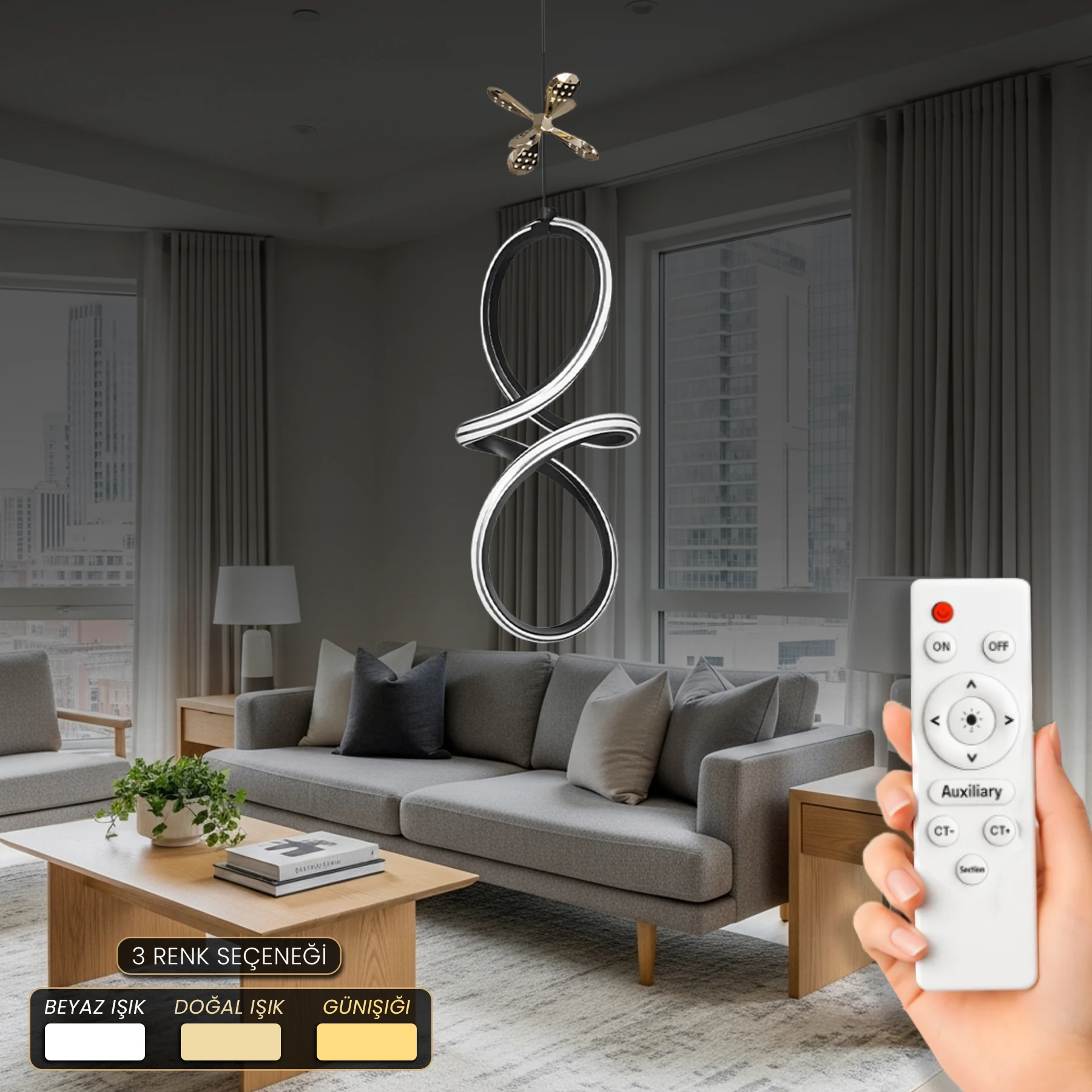 Bademo Kumandalı - Dimmerli Sarkıt Led Avize - 3 Renk Ledli