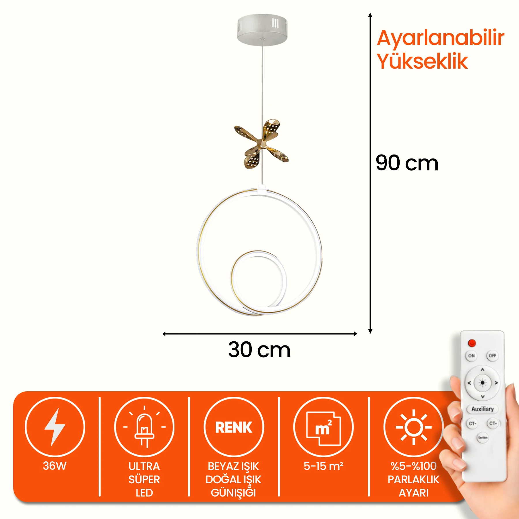 Yakaris Kumandalı - Dimmerli Sarkıt Led Avize - 3 Renk Işık