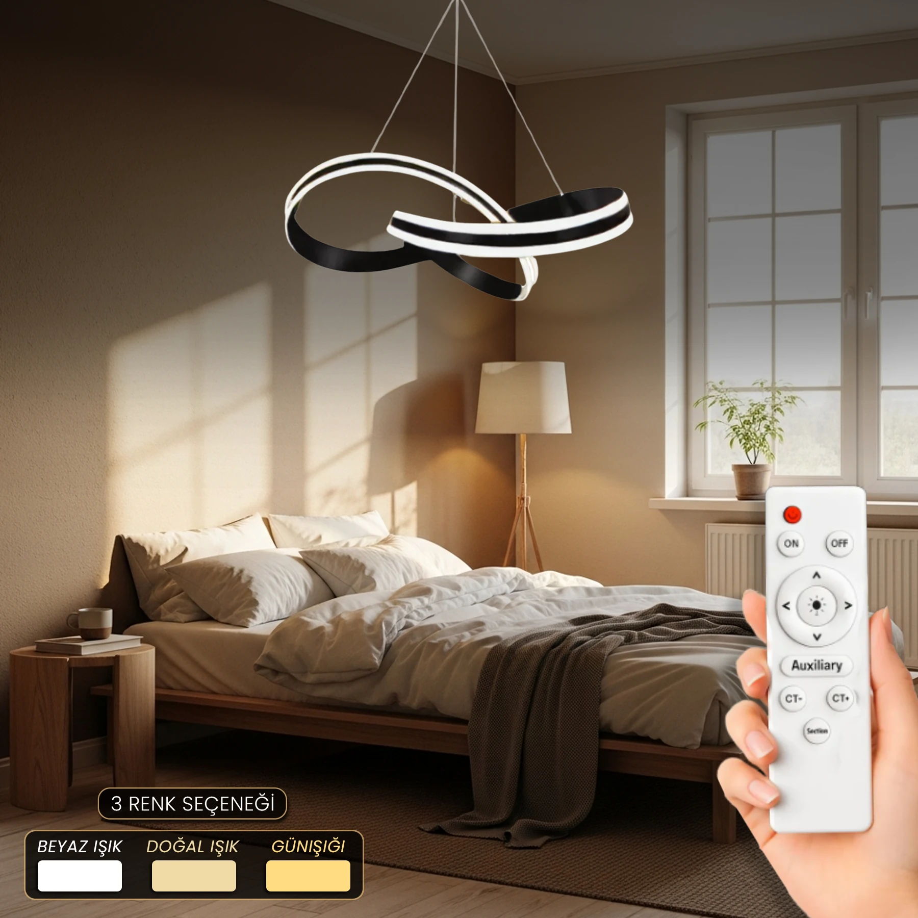 Asteris Siyah Kumandalı Modern Özel Tasarım - 3 Renk Ledli