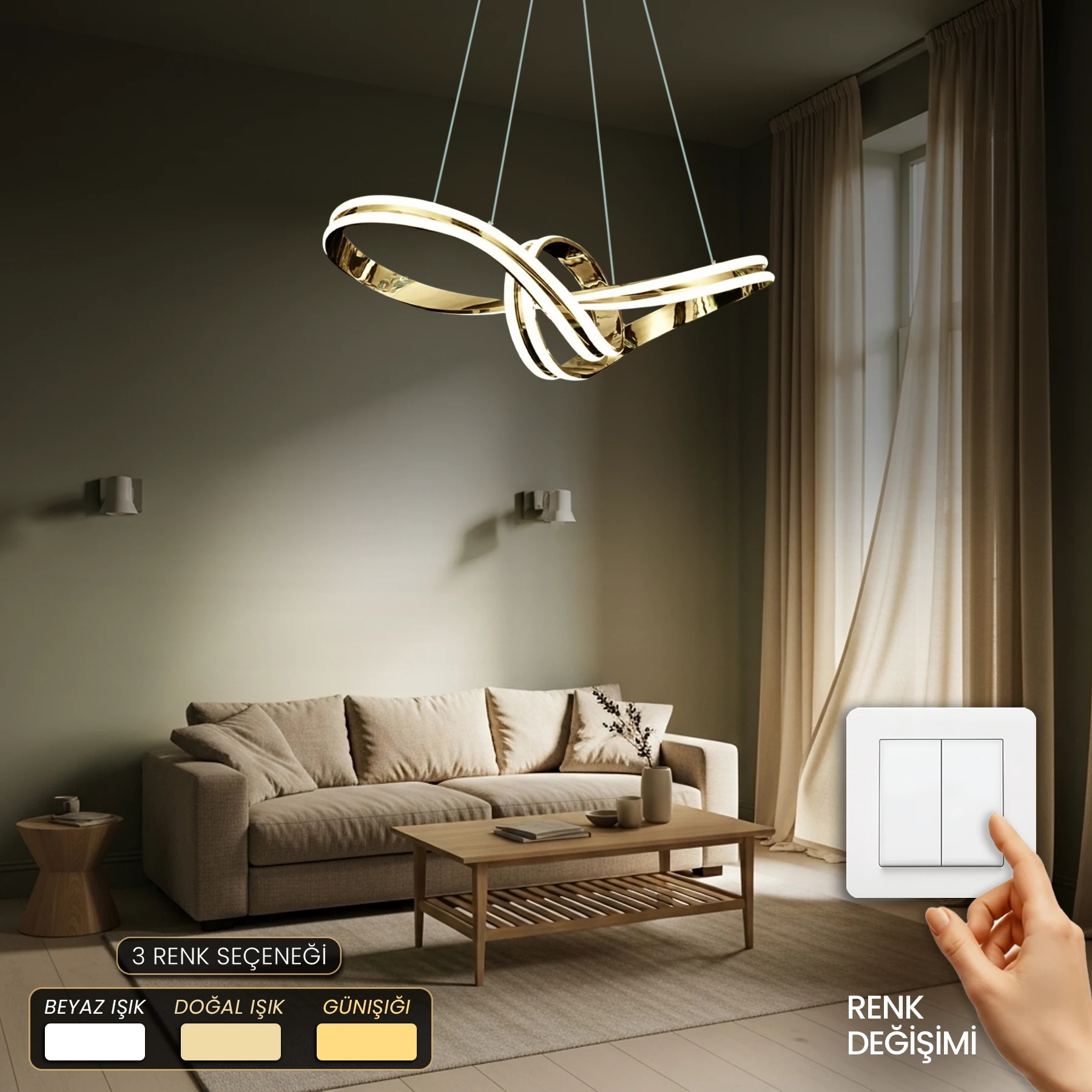 Papira Modern Özel Tasarım Sarkıt Led Avize - 3 Renk Ledli