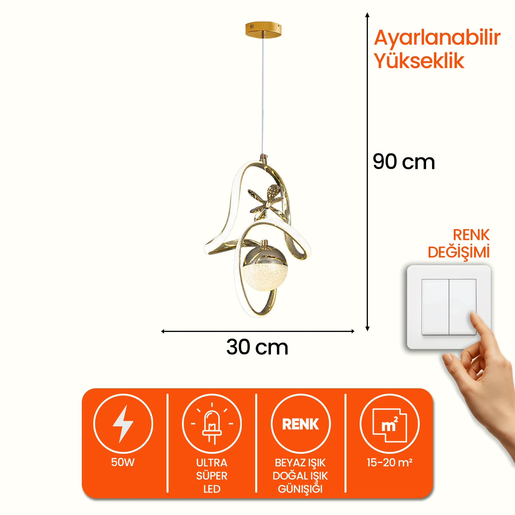 Cundaya Modern Özel Tasarım Sarkıt Led Avize - 3 Renk Ledli