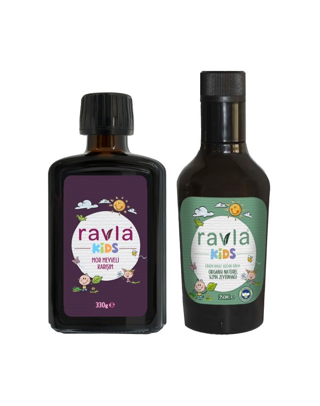 2'li Ürün - Ravla Kids Mor Meyveli Karışım 330g / Ravla Kids Yüksek Polifenollü Organik Naturel Sızma Zeytinyağı 250ml