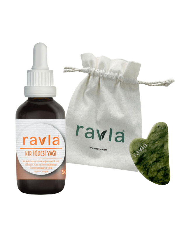 2'li Ürün - Ravla Yeşim Gua Sha Yüz Masaj Taşı / Ravla Kır İğdesi Yağı - 50ml