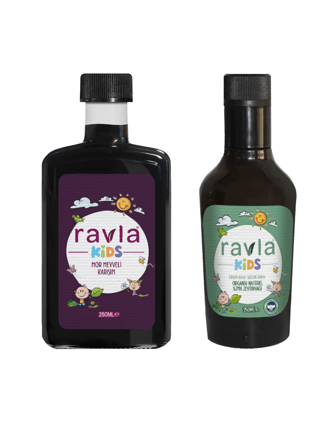 2'li Ürün - Ravla Kids Mor Meyveli Karışım 250ml / Ravla Kids Yüksek Polifenollü Organik Naturel Sızma Zeytinyağı 250ml