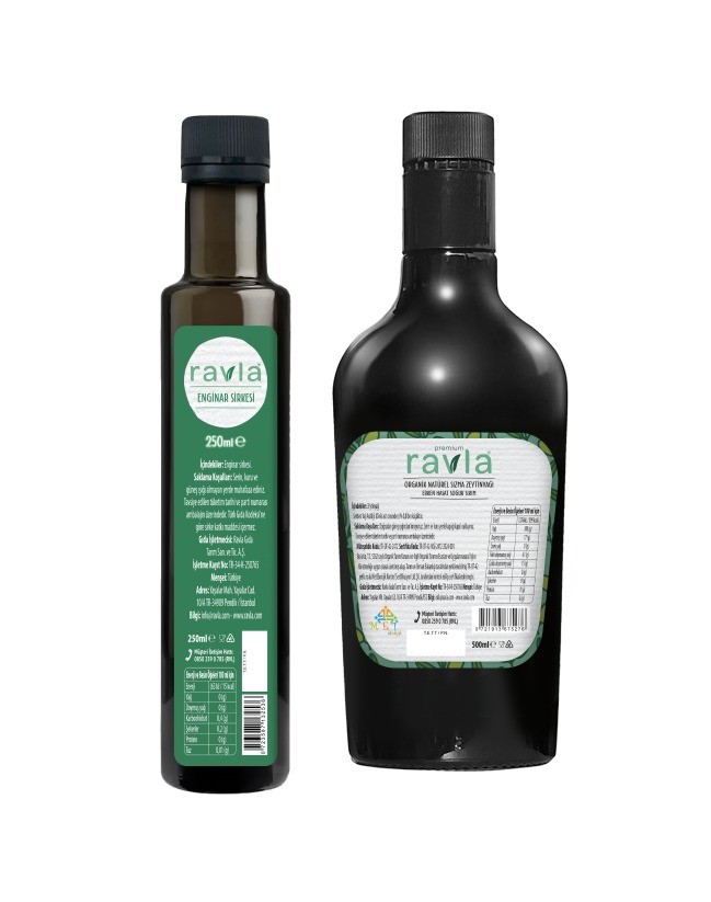 2'li Ürün - Ravla Enginar Sirkesi - 250ml / Ravla Yüksek Polifenollü Organik Naturel Sızma Zeytinyağı - 500ml