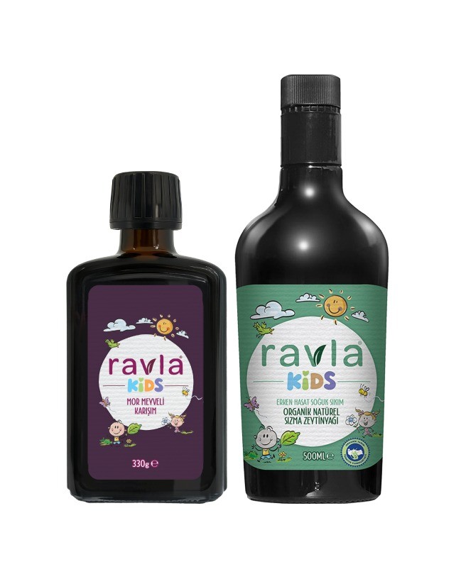 2'li Ürün - Ravla Kids Mor Meyveli Karışım 330g / Ravla Kids Yüksek Polifenollü Organik Naturel Sızma Zeytinyağı 500ml