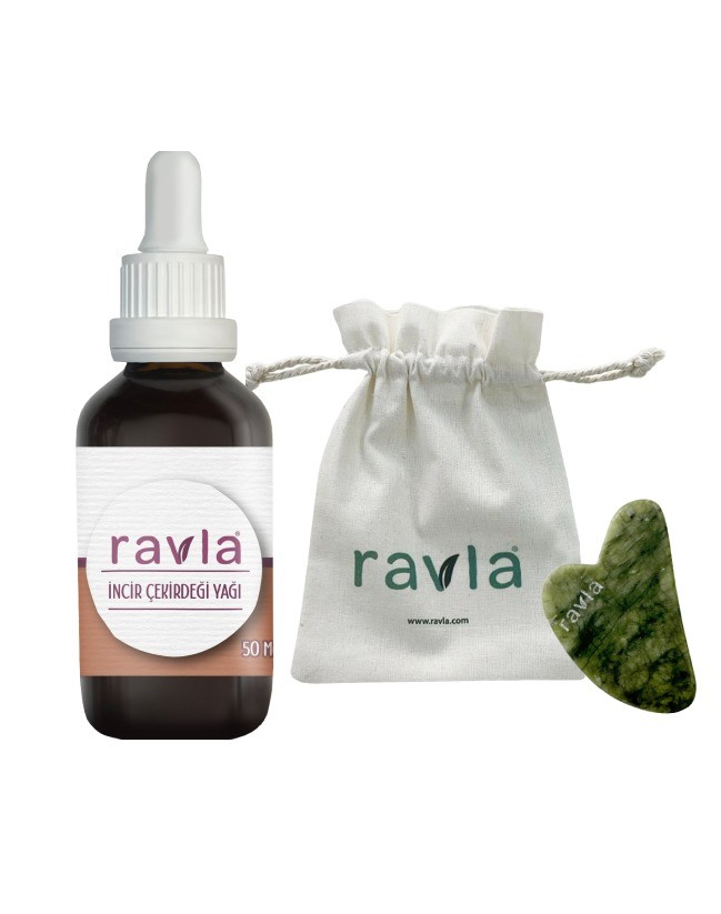 2'li Ürün - Ravla Yeşim Gua Sha Yüz Masaj Taşı / Ravla İncir Çekirdeği Yağı - 50ml