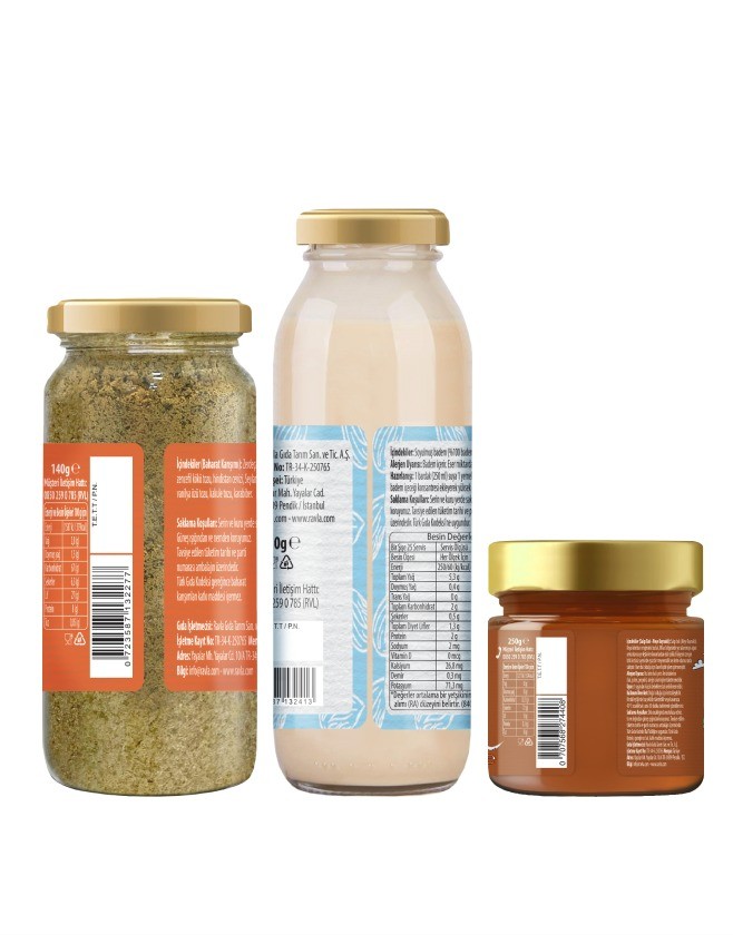 3'lü Ürün - Ravla Badem İçeceği Konsantresi - 250g/ Ravla Salgı Balı (Meşe Kaynaklı) - 250g / Ravla Altın Baharat Karışım 140g