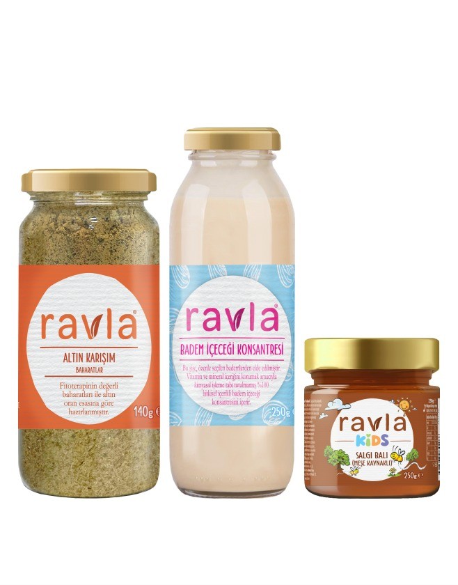 3'lü Ürün - Ravla Badem İçeceği Konsantresi - 250g/ Ravla Salgı Balı (Meşe Kaynaklı) - 250g / Ravla Altın Baharat Karışım 140g