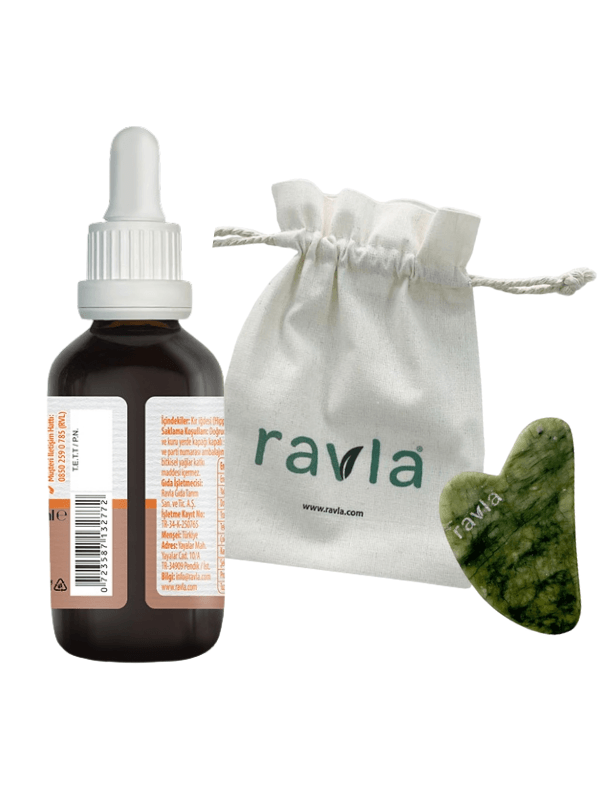 2'li Ürün - Ravla Yeşim Gua Sha Yüz Masaj Taşı / Ravla Kır İğdesi Yağı - 50ml