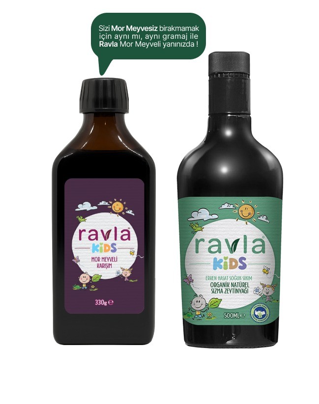 2'li Ürün - Ravla Kids Mor Meyveli Karışım 330g / Ravla Kids Yüksek Polifenollü Organik Naturel Sızma Zeytinyağı 500ml