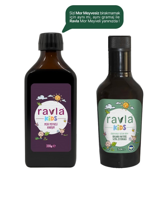 2'li Ürün - Ravla Kids Mor Meyveli Karışım 330g / Ravla Kids Yüksek Polifenollü Organik Naturel Sızma Zeytinyağı 250ml
