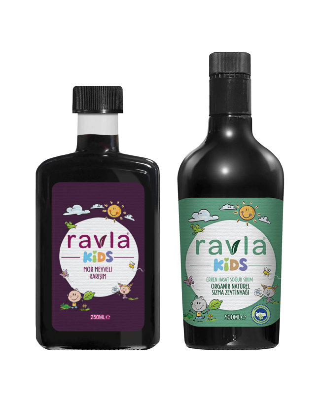 2'li Ürün - Ravla Kids Mor Meyveli Karışım 250ml / Ravla Kids Yüksek Polifenollü Organik Naturel Sızma Zeytinyağı 500ml