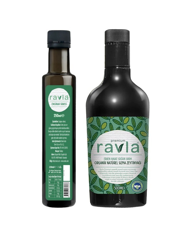 2'li Ürün - Ravla Enginar Sirkesi - 250ml / Ravla Yüksek Polifenollü Organik Naturel Sızma Zeytinyağı - 500ml
